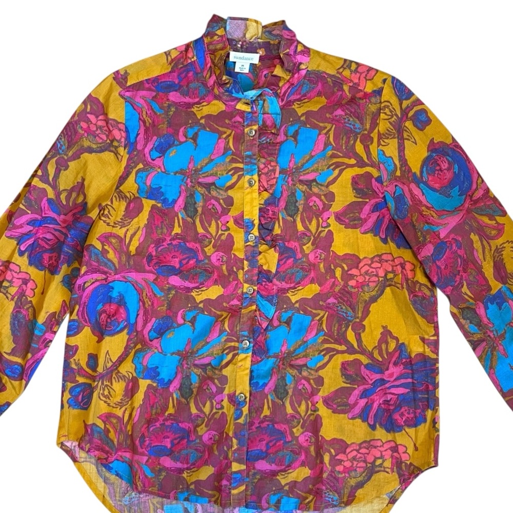 Sundance Women’s M Yellow Floral Cotton Lightweight Blouse Shirt Ruffle Collar - Picture 2 of 13